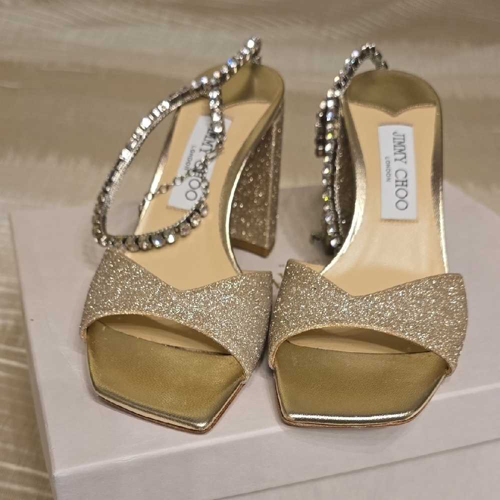 Jimmy Choo Sparkling Gold Heels with Ankle Strap Saeda Sandal Platinum Ice/cryst - Picture 6 of 14